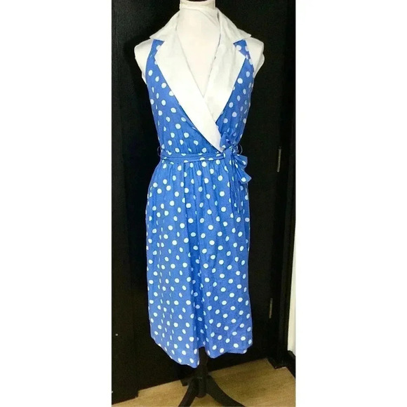 Vintage Komar Womens Blue White Polka Dot Sleeveless Tie Waist Wrap Dress Large - Picture 1 of 12
